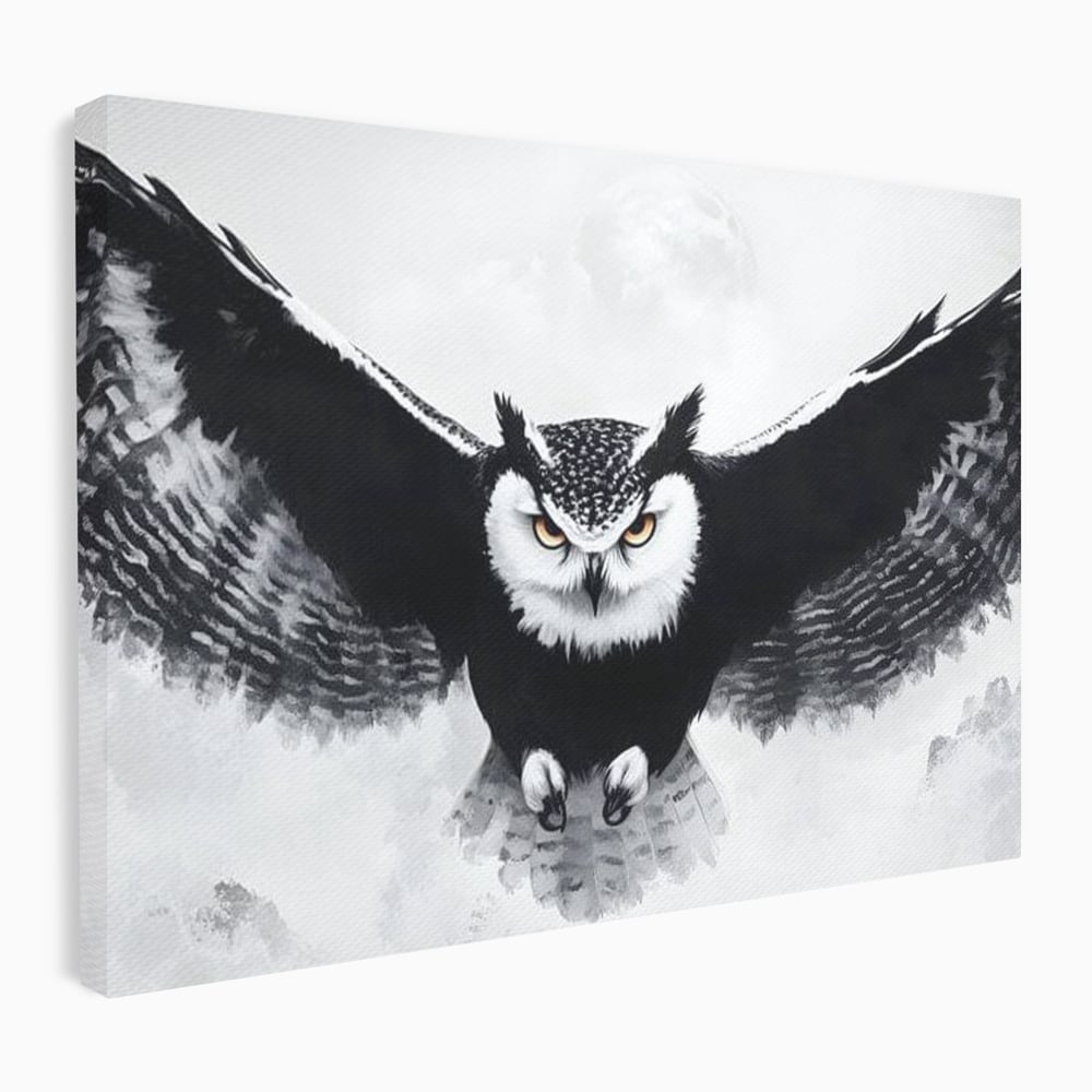Tablou canvas cu tablou canvas cu bufnita in zbor, fara rama, pe sasiu de lemn
